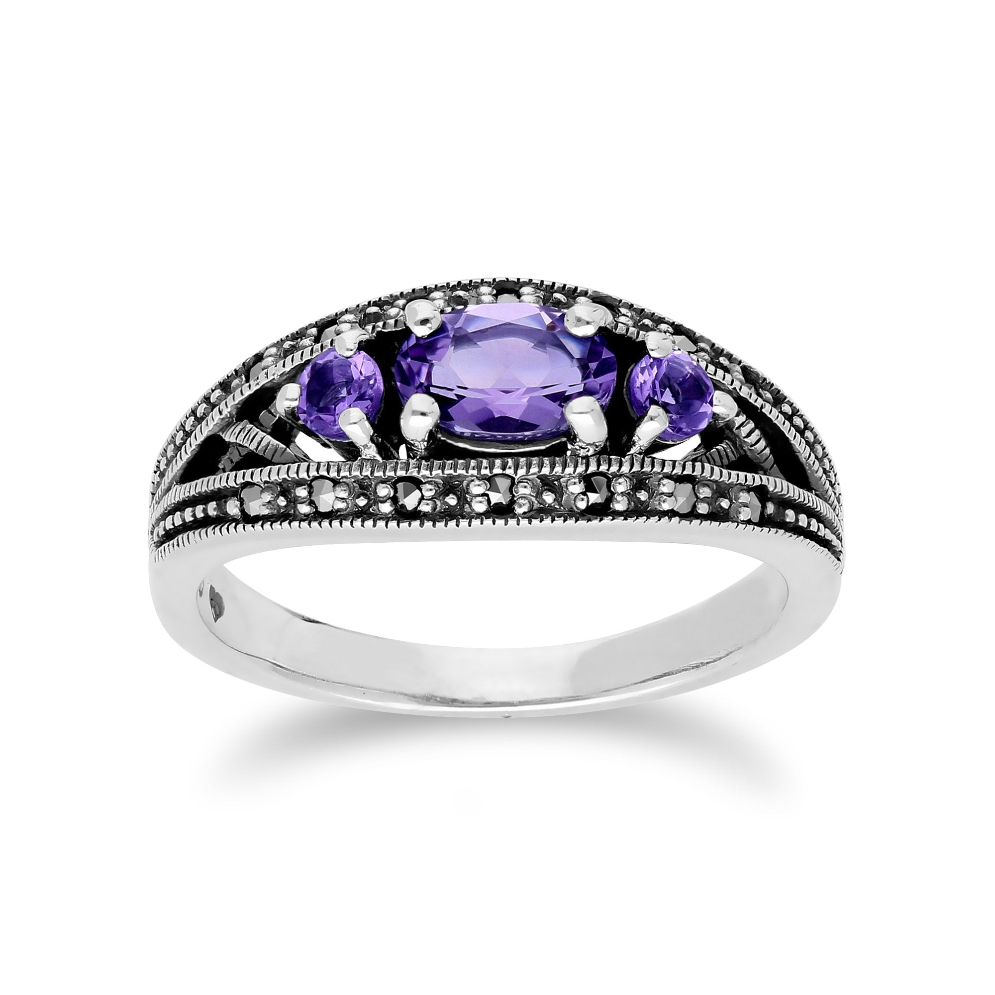 Art Deco Style Oval Amethyst & Marcasite Three Stone Ring in 925 Sterling Silver
