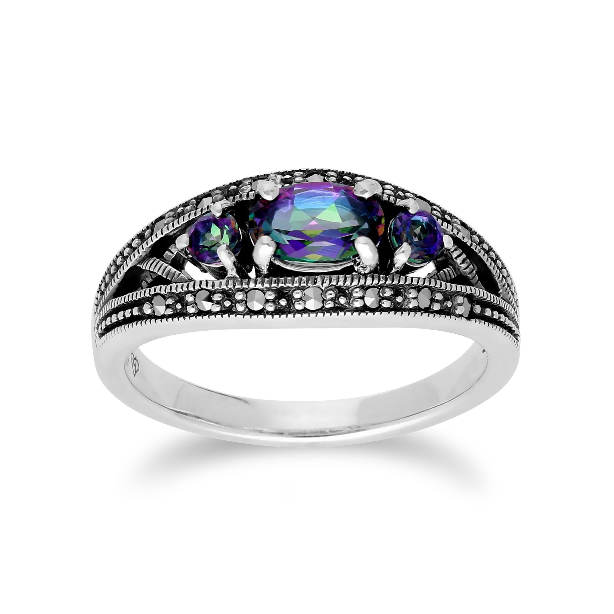 Art Deco Style Oval Mystic Topaz & Marcasite Three Stone Ring in 925 Sterling Silver