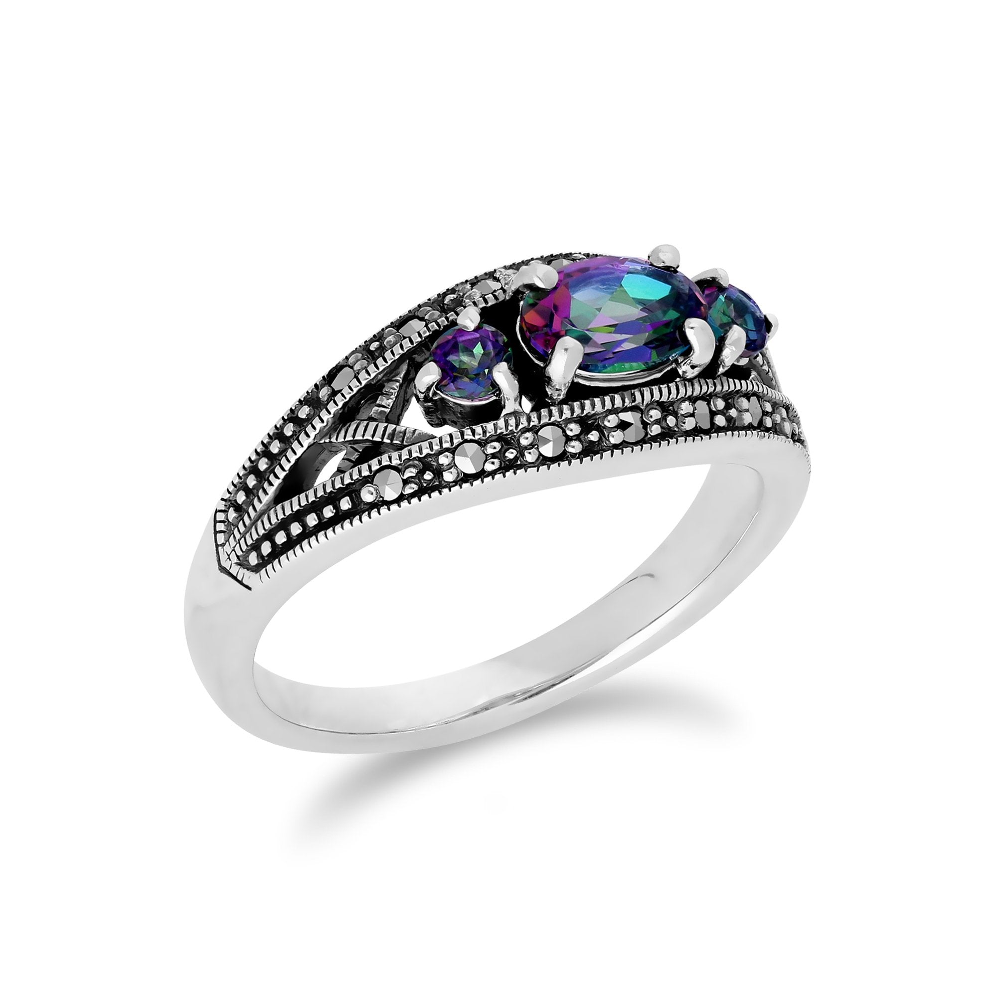 Art Deco Style Oval Mystic Topaz & Marcasite Three Stone Ring in 925 Sterling Silver
