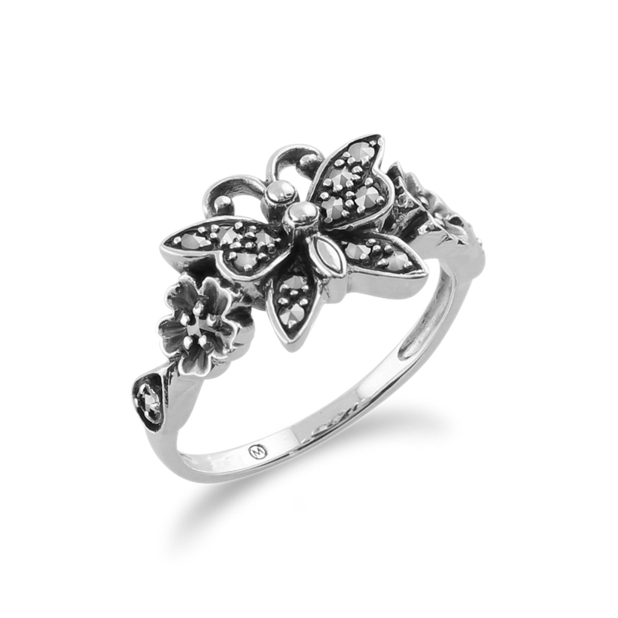 Art Nouveau Style Round Marcasite Butterfly Ring in 925 Sterling Silver