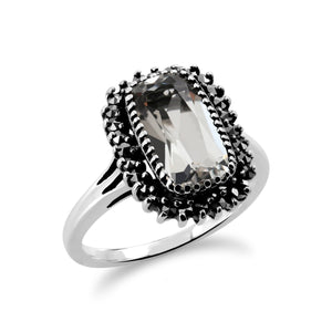 Art Deco Style Cushion Rock Crystal & Marcasite Halo Cluster Ring In Sterling Silver