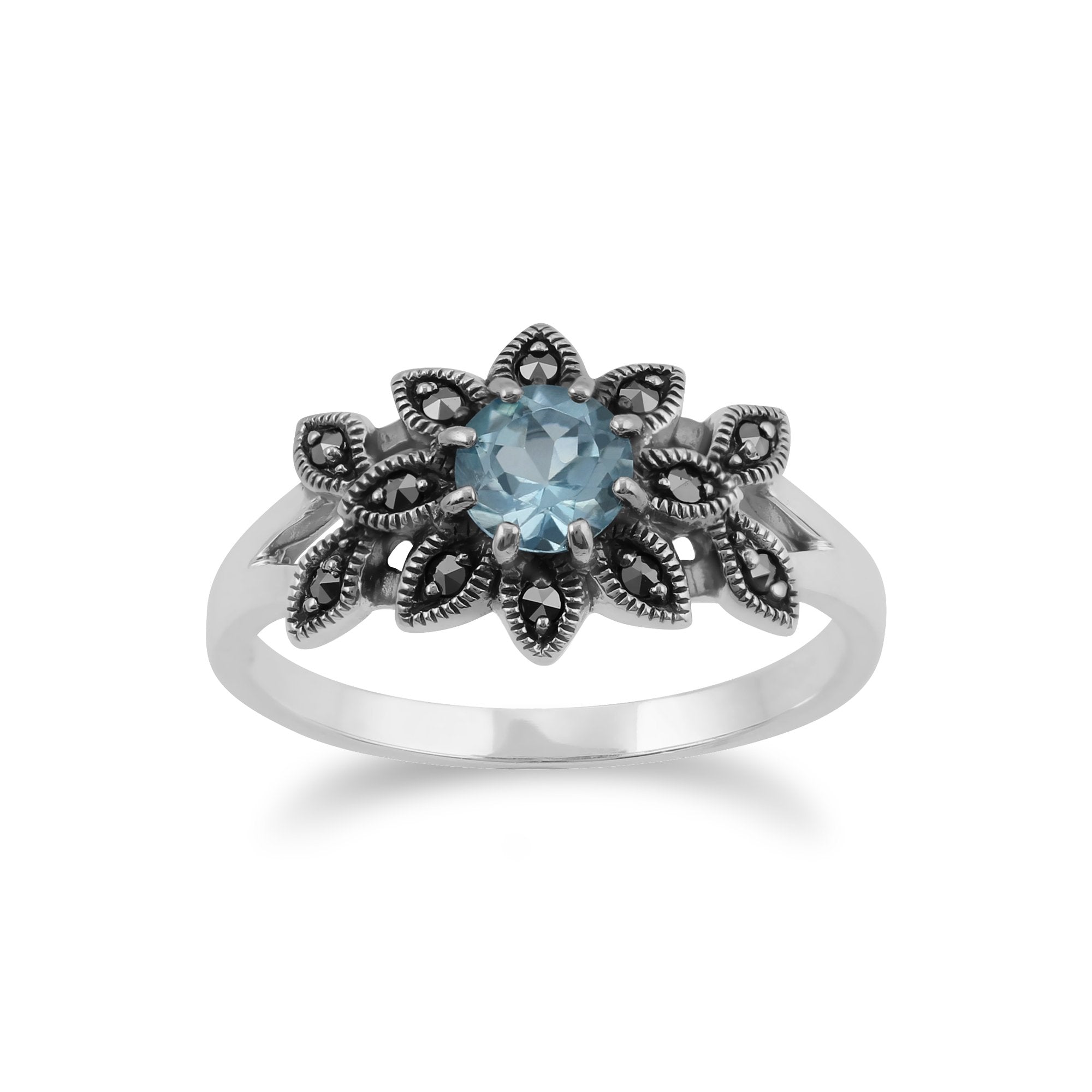 Art Nouveau Style Round Blue Topaz & Marcasite Floral Ring in Sterling Silver