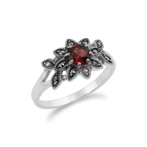 Art Nouveau Style Round Garnet & Marcasite Floral Ring in Sterling Silver