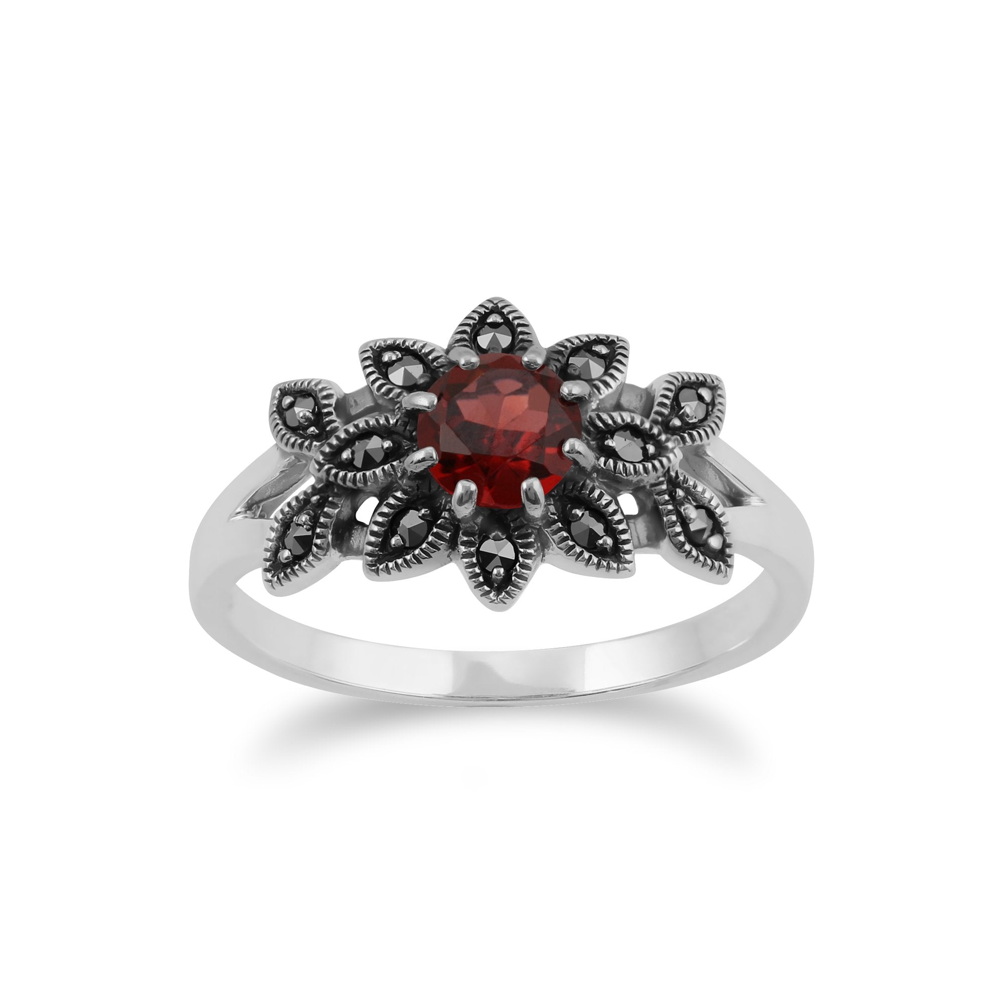 Art Nouveau Style Round Garnet & Marcasite Floral Ring in 925 Sterling Silver