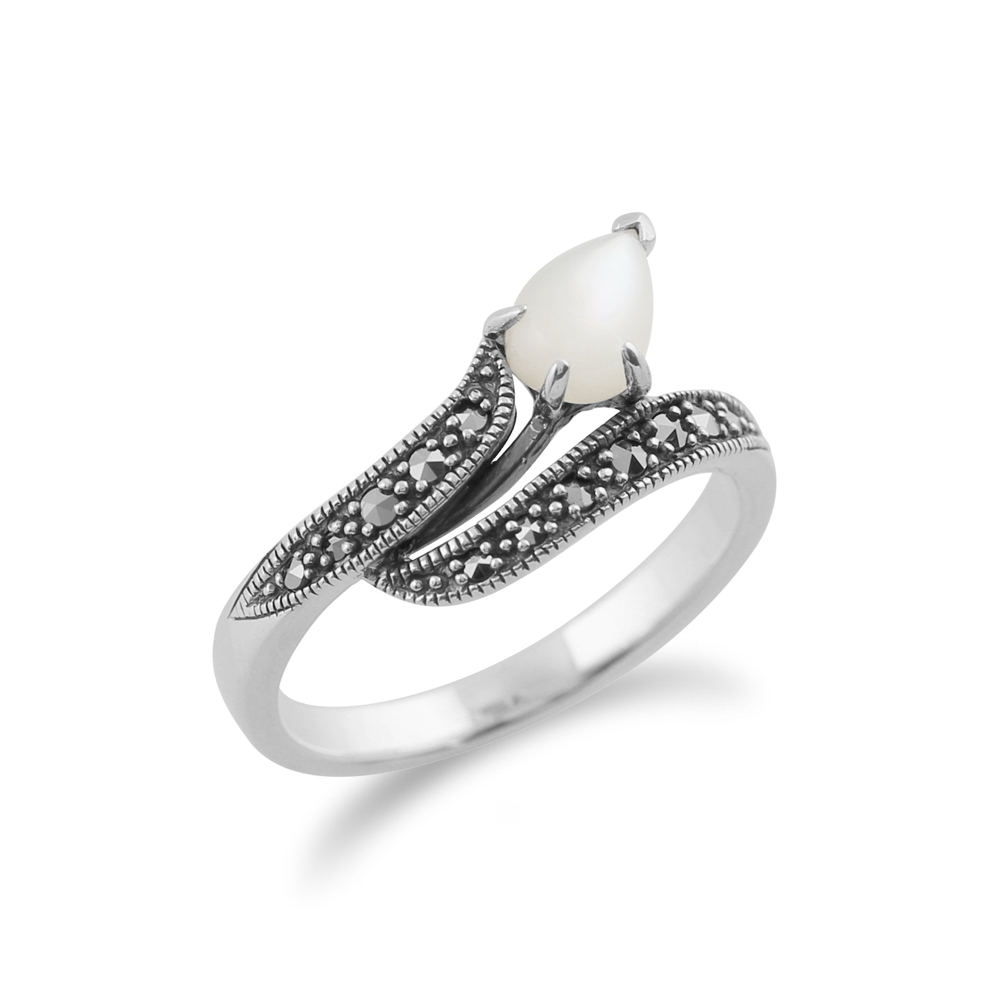 Art Nouveau Style Pear Mother of Pearl & Marcasite Twist Ring in 925 Sterling Silver