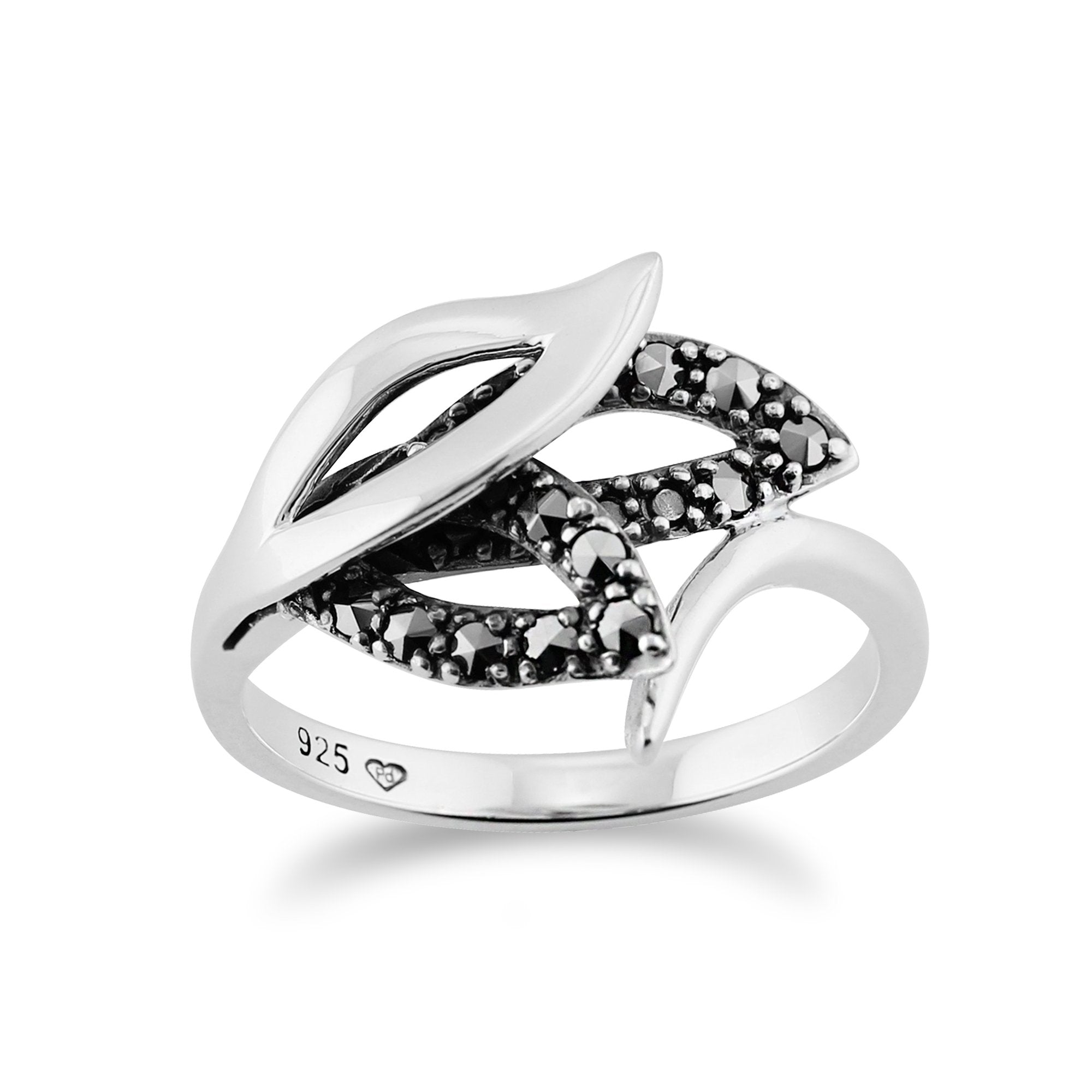 Art Nouveau Style Round Marcasite Leaf Wrap Ring in 925 Sterling Silver