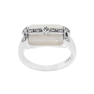 Art Deco Style Rectangle Mother of Pearl & Marcasite Bar Ring in 925 Sterling Silver