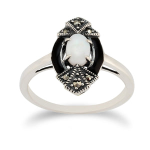 Art Deco Opal, Marcasite & Black Enamel Ring 