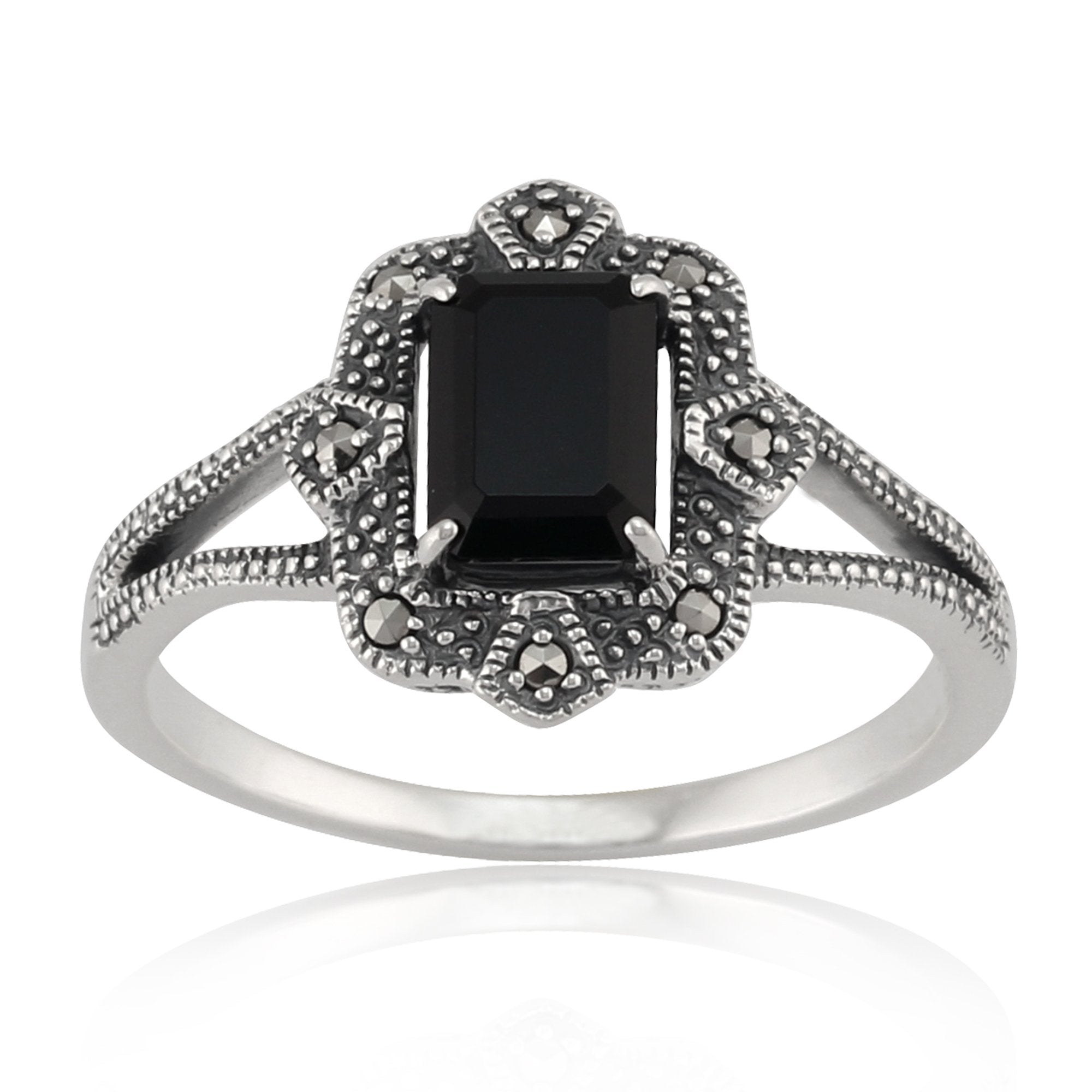 Art Deco Style Baguette Black Spinel & Marcasite Ring in 925 Sterling Silver