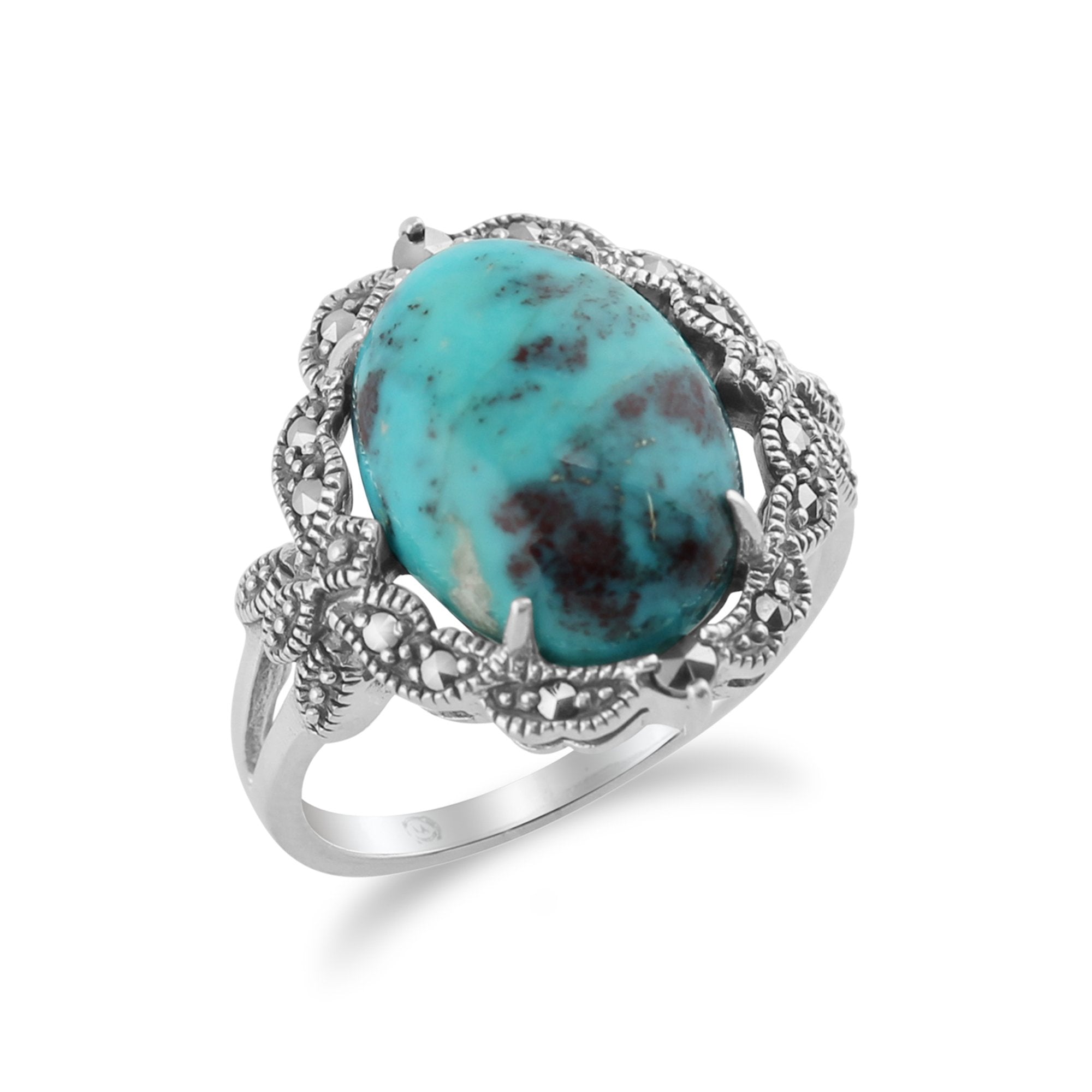 925 Sterling Silver Art Nouveau Turquoise & Marcasite Statement Ring  Image 2