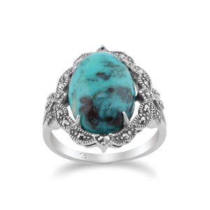 925 Sterling Silver Art Nouveau Turquoise & Marcasite Statement Ring  Image 1