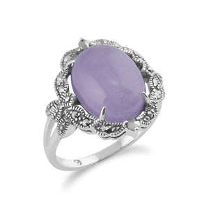 925 Sterling Silver Art Nouveau Lavender Jade & Marcasite Statement Ring  Image 2