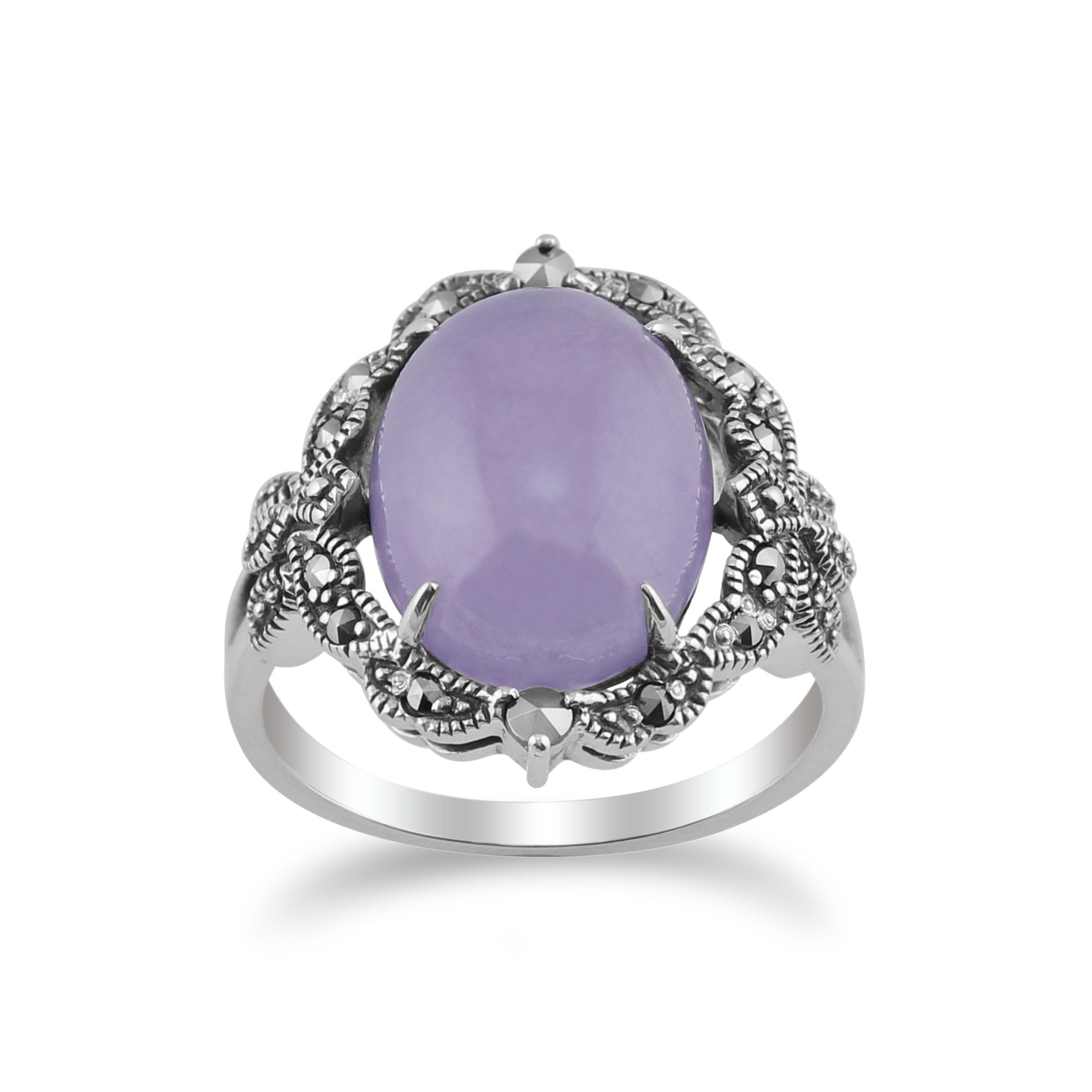 925 Sterling Silver Art Nouveau Lavender Jade & Marcasite Statement Ring  Image 1