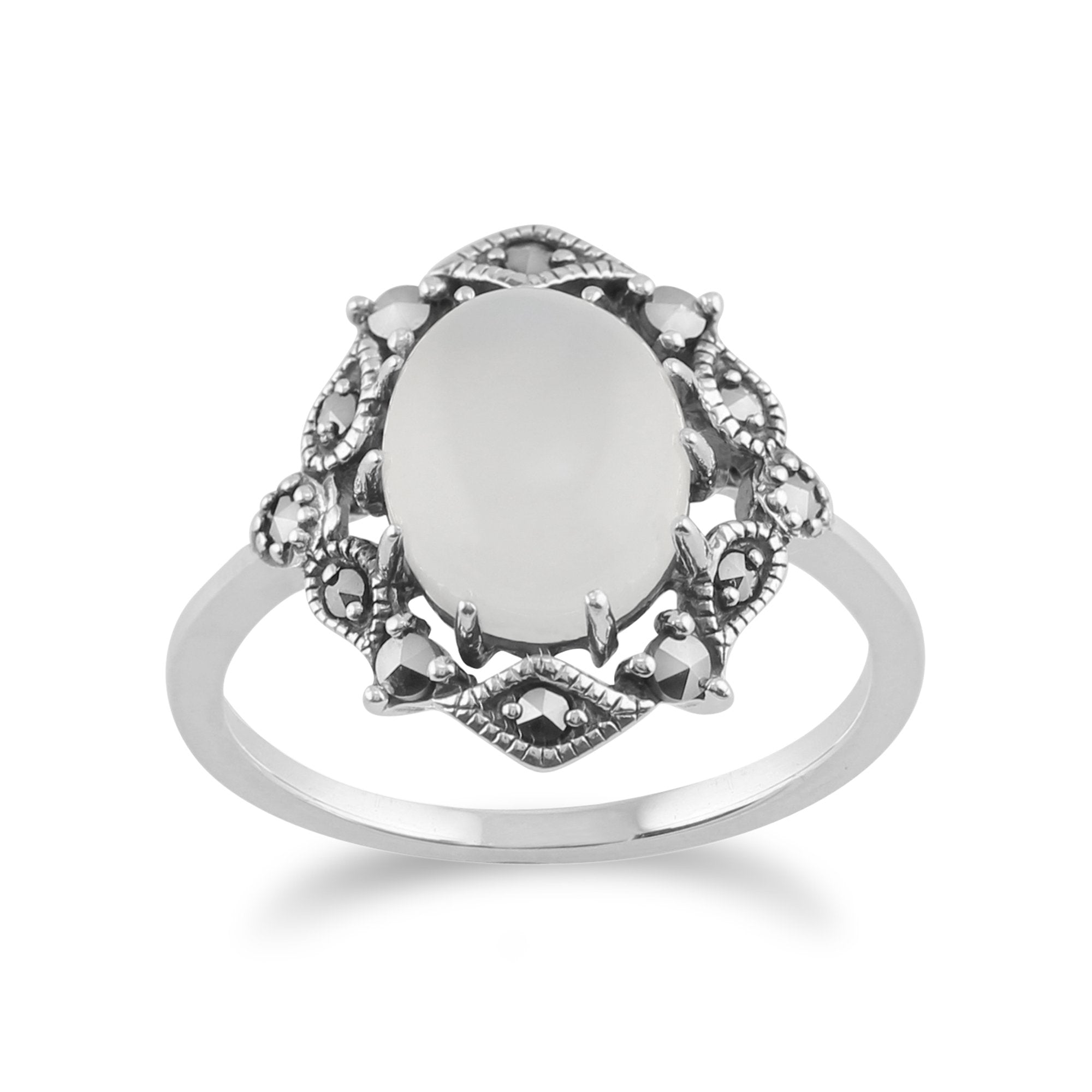 Art Nouveau Style Oval Moonstone Cabochon & Marcasite Statement Ring in 925 Sterling Silver