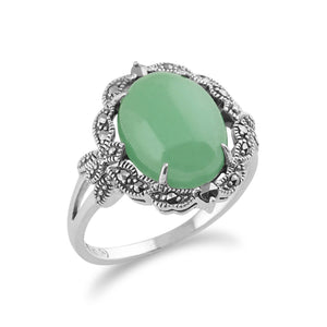 Art Nouveau Style Oval Green Jade Cabochon & Marcasite Statement Ring in 925 Sterling Silver