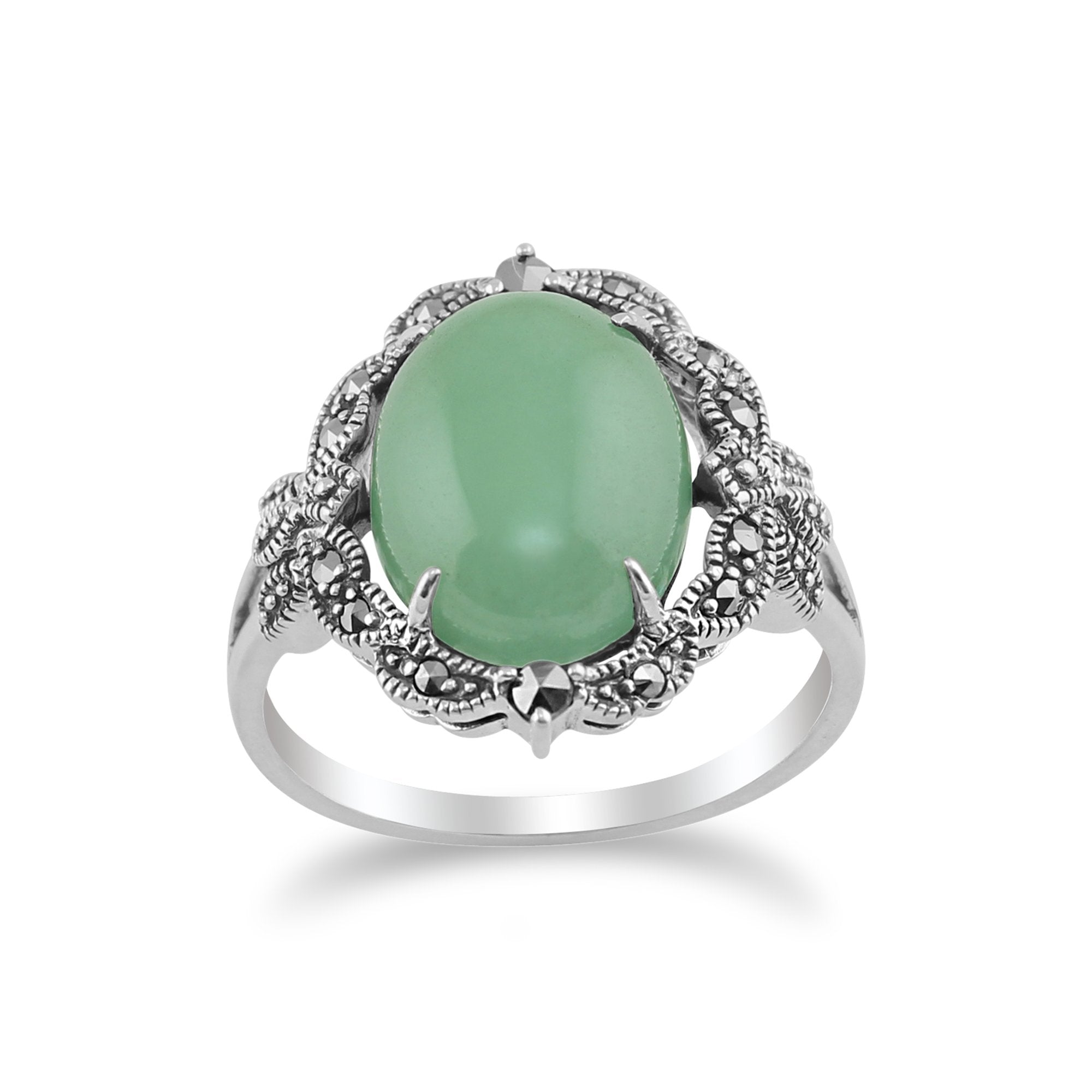 Art Nouveau Style Oval Green Jade Cabochon & Marcasite Statement Ring in 925 Sterling Silver