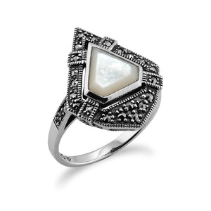Art Deco Style Triangle Mother of Pearl & Marcasite Statement Ring