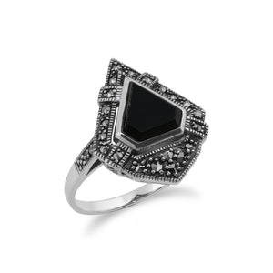 Art Deco Style Triangle Black Onyx & Marcasite Statement Ring in 925 Sterling Silver