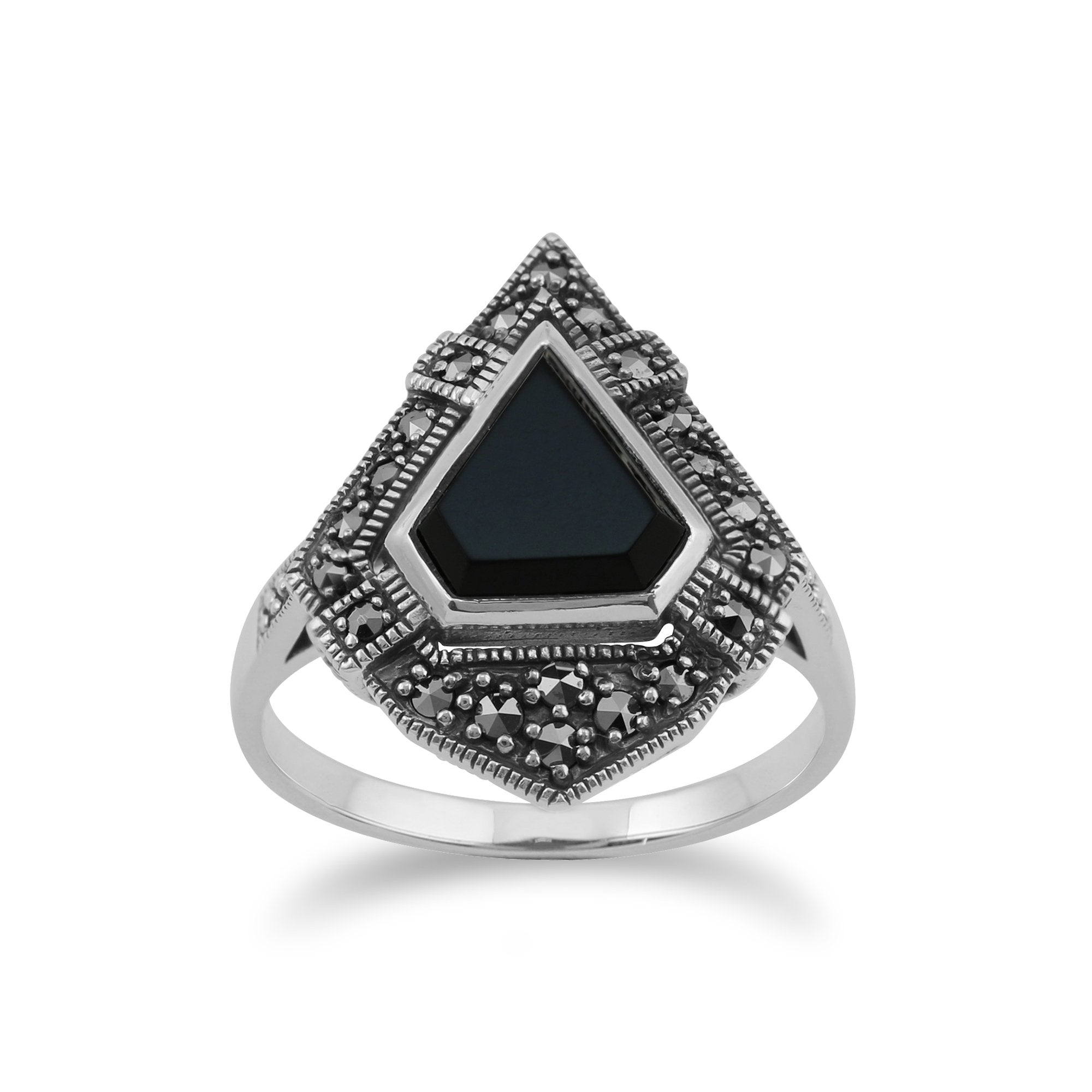 Art Deco Style Triangle Black Onyx & Marcasite Statement Ring in 925 Sterling Silver