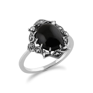 Art Nouveau Style Oval Black Onyx Cabochon & Marcasite Statement Ring in 925 Sterling Silver