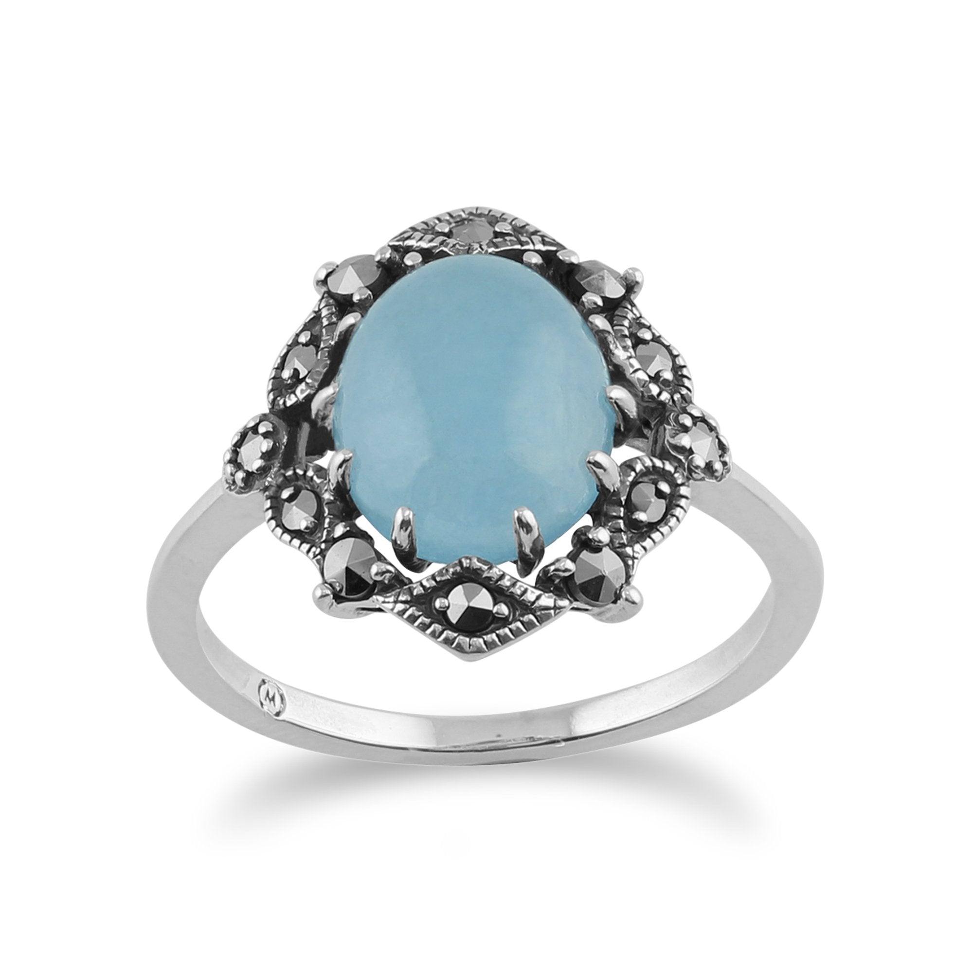 Art Nouveau Style Oval Blue Jade Cabochon & Marcasite Statement Ring in 925 Sterling Silver