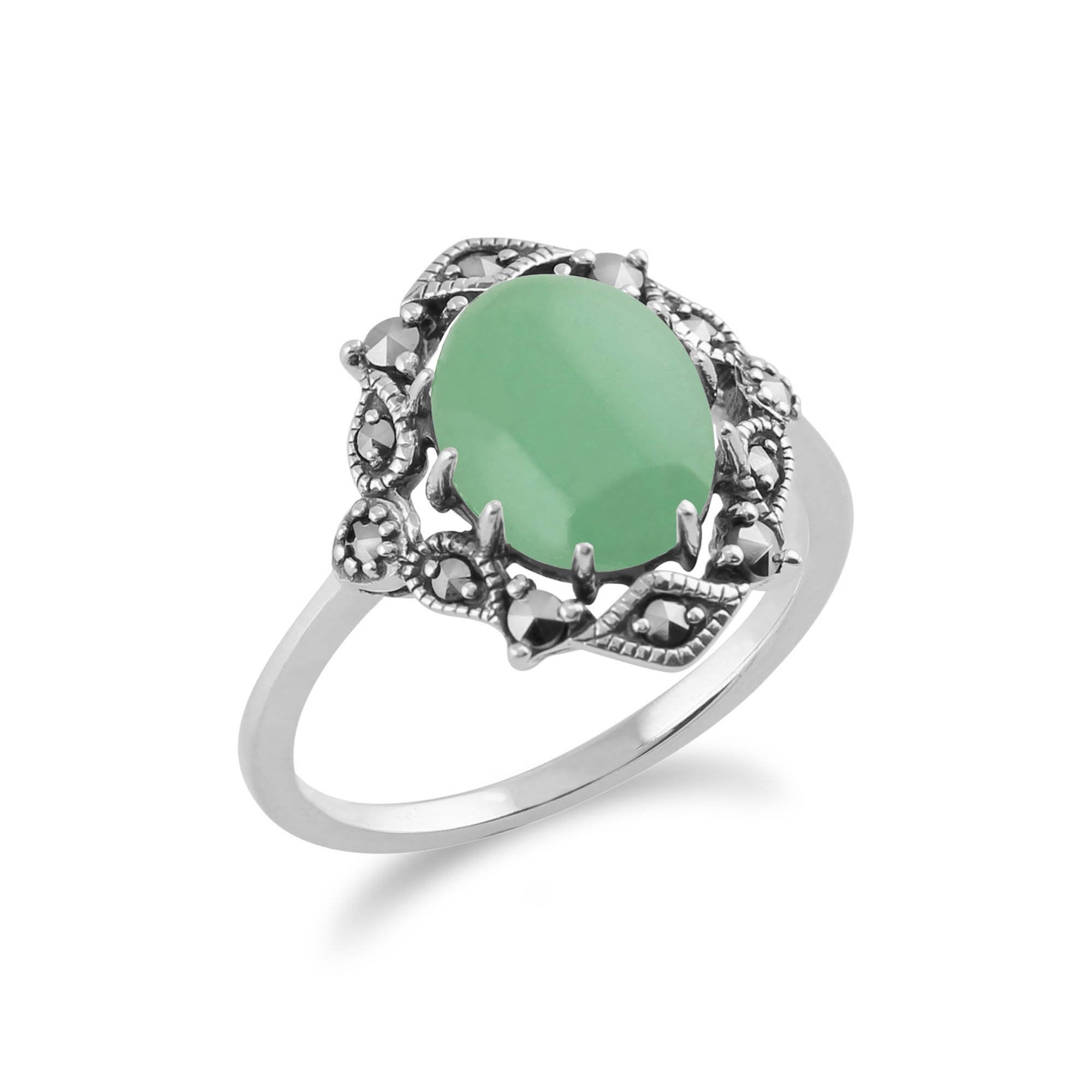 Art Nouveau Style Oval Green Jade Cabochon & Marcasite Statement Ring