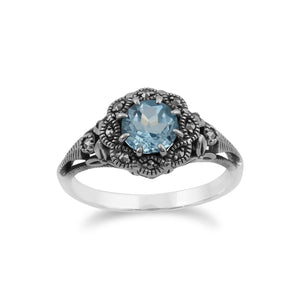 Art Nouveau Style Round Blue Topaz & Marcasite Floral Ring in Sterling Silver