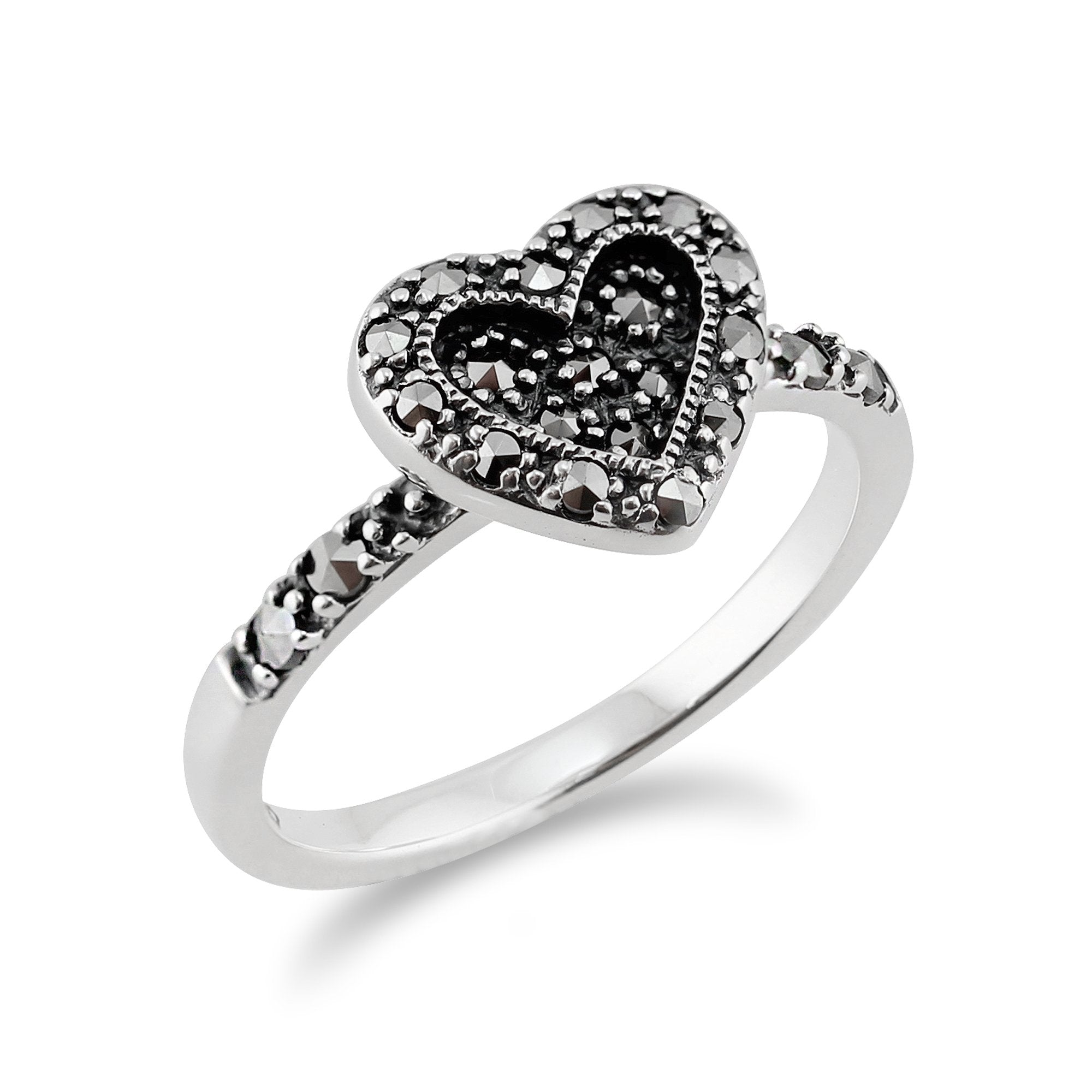 Art Deco Style Round Marcasite Love Heart Ring in 925 Sterling Silver