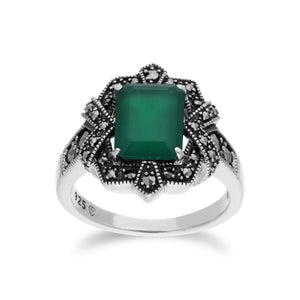 Art Deco Style Baguette Green Chalcedony & Marcasite Ring in 925 Sterling Silver
