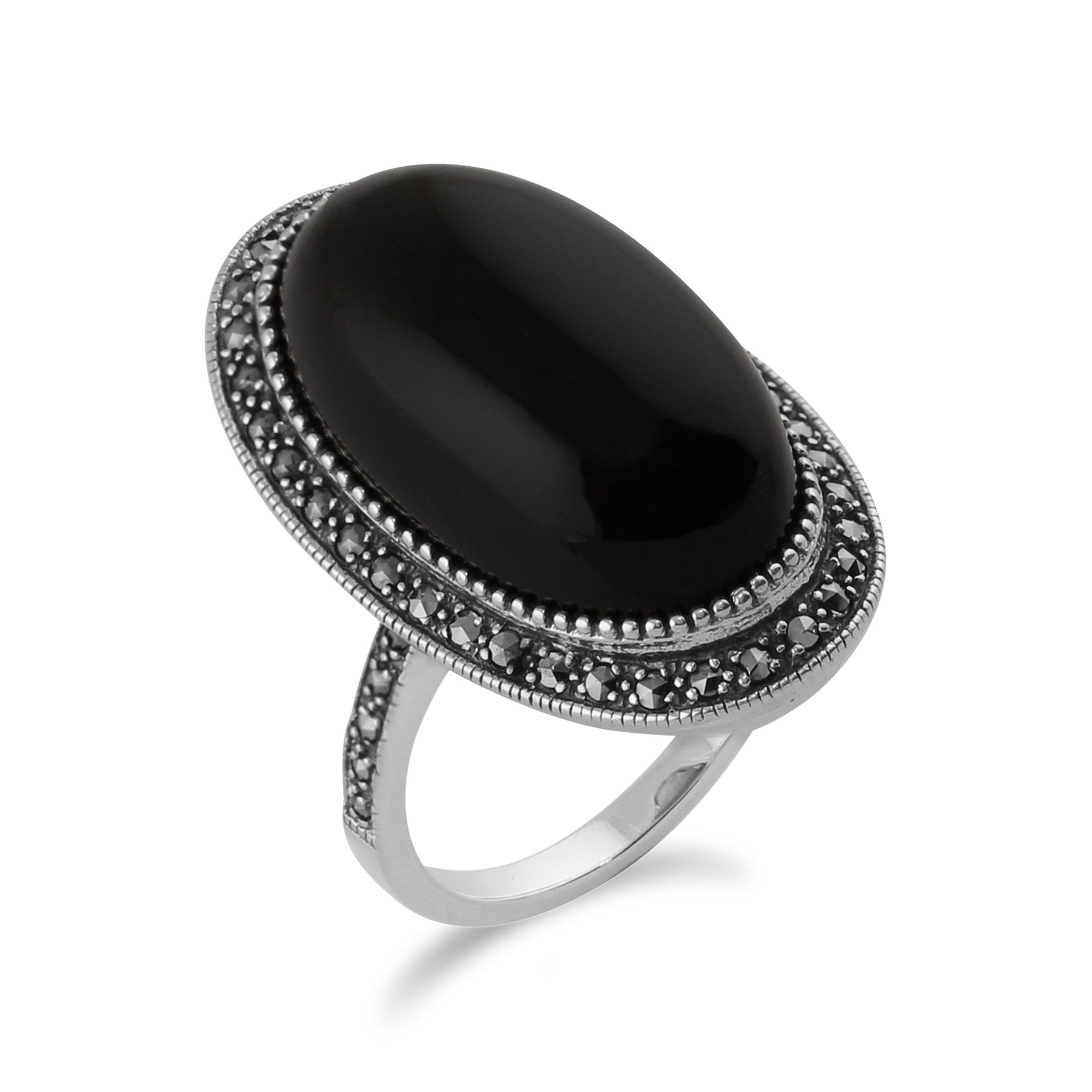 Art Deco Style Black Onyx Cabochon & Marcasite Cocktail Ring