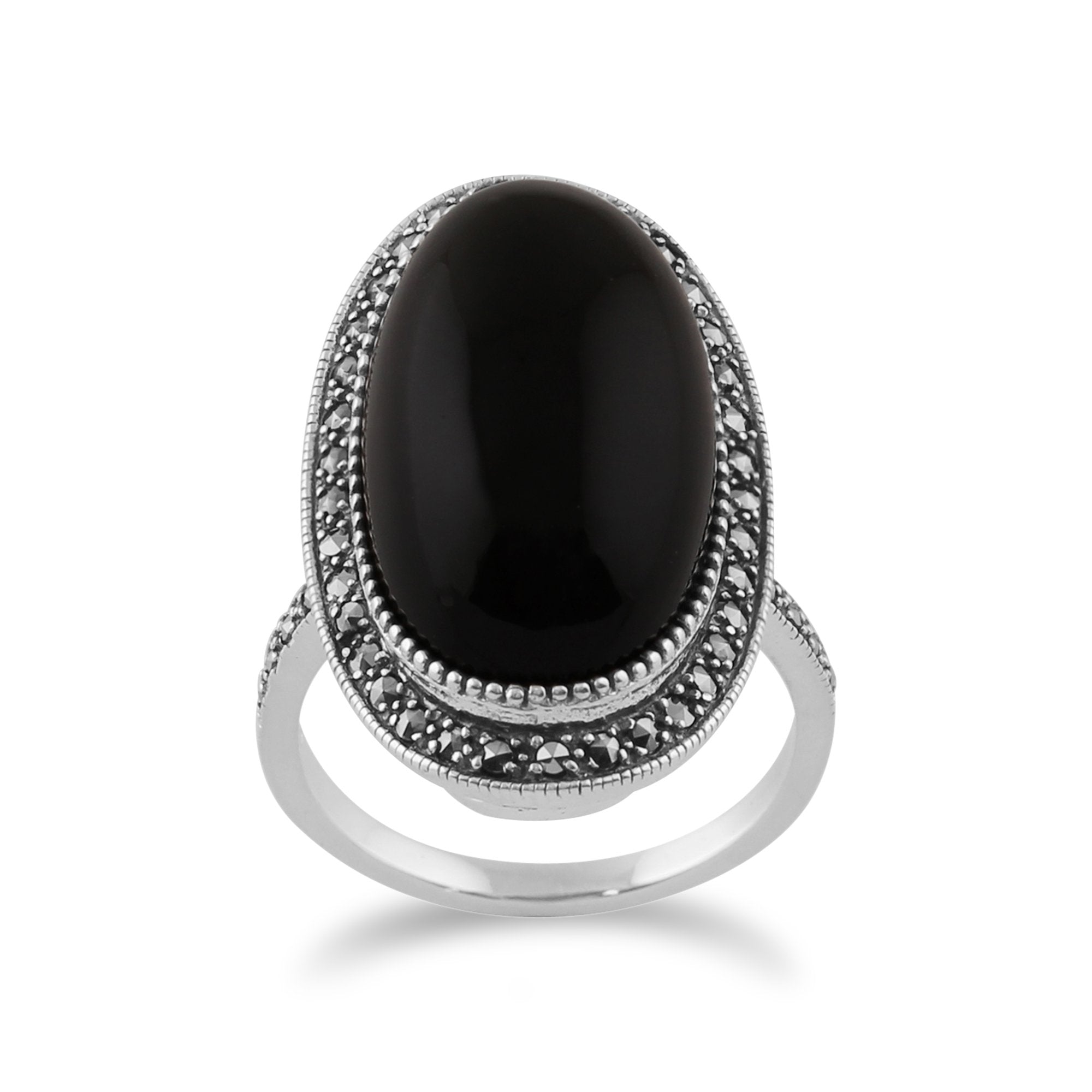 Art Deco Style Black Onyx Cabochon & Marcasite Cocktail Ring