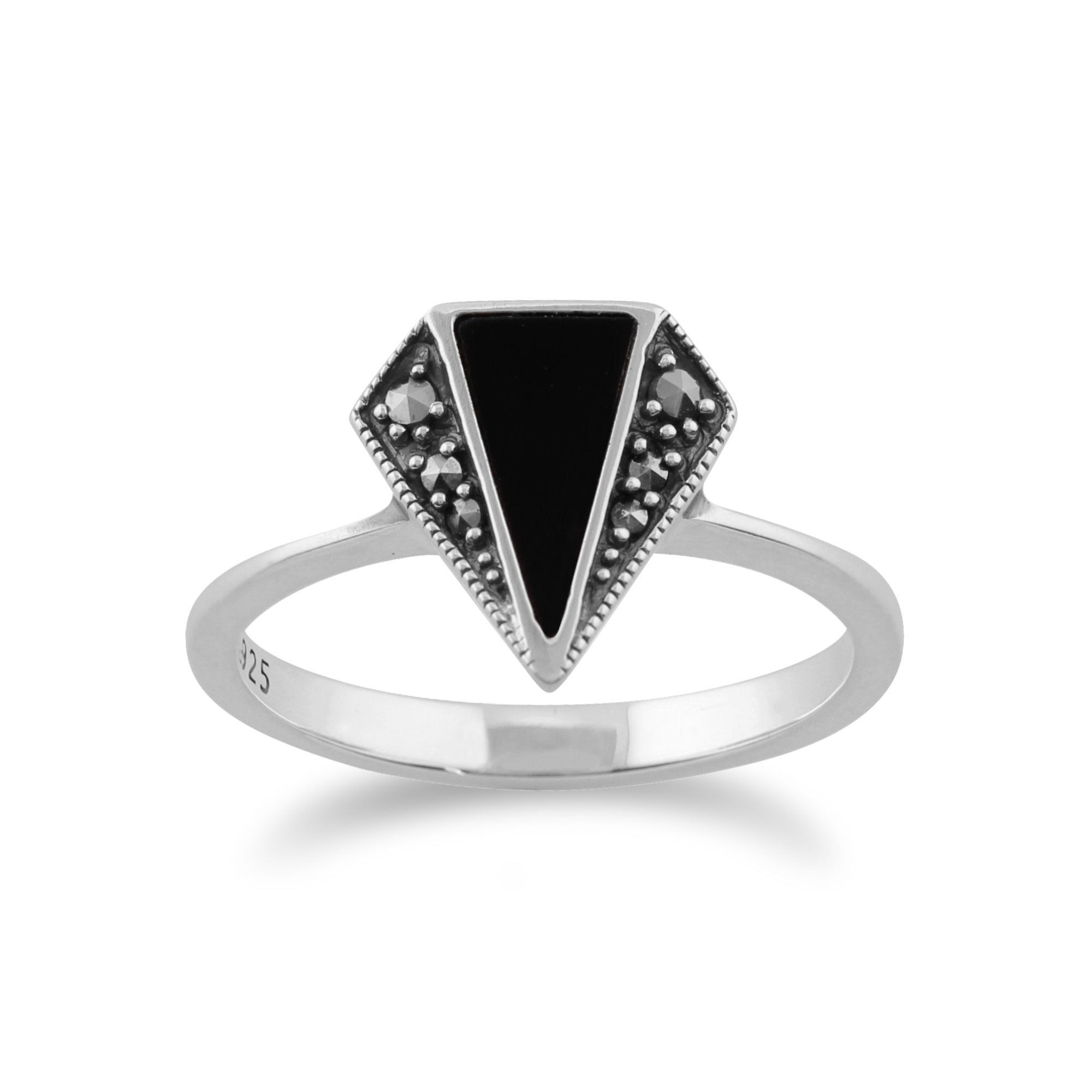 Art Deco Style Triangle Black Onyx & Marcasite Ring in 925 Sterling Silver