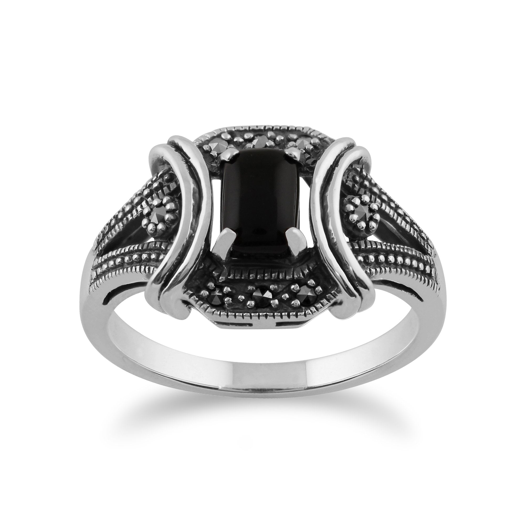 Art Deco Style Black Onyx Cabochon & Marcasite Ring in 925 Sterling Silver