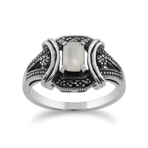 Art Deco Style Mother of Pearl Cabochon & Marcasite Ring in 925 Sterling Silver