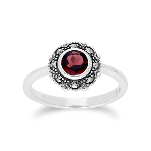 Floral Round Garnet & Marcasite Halo Ring in 925 Sterling Silver