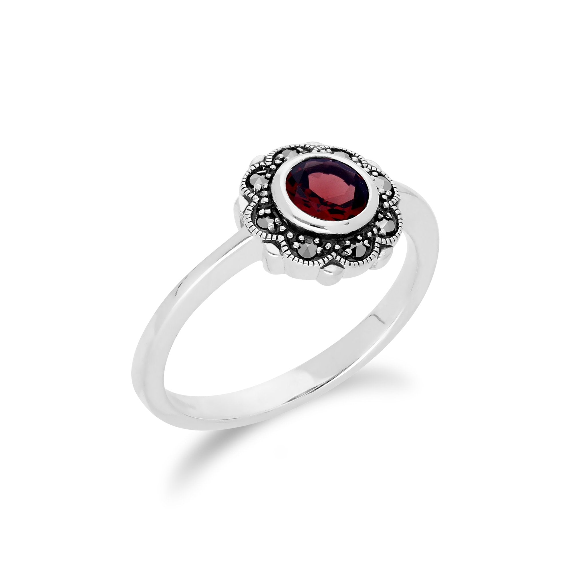 Floral Round Garnet & Marcasite Halo Ring in 925 Sterling Silver