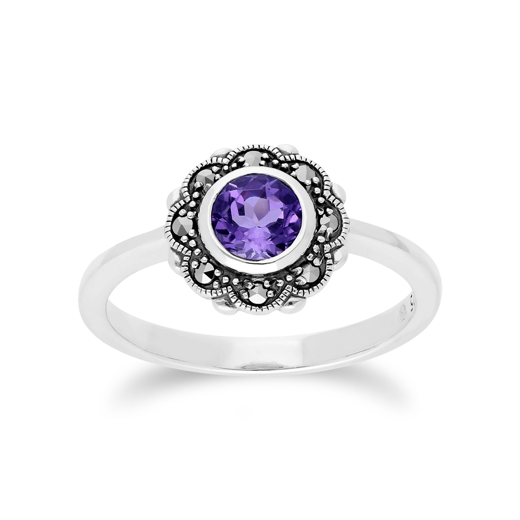 Floral Round Amethyst & Marcasite Halo Ring in 925 Sterling Silver