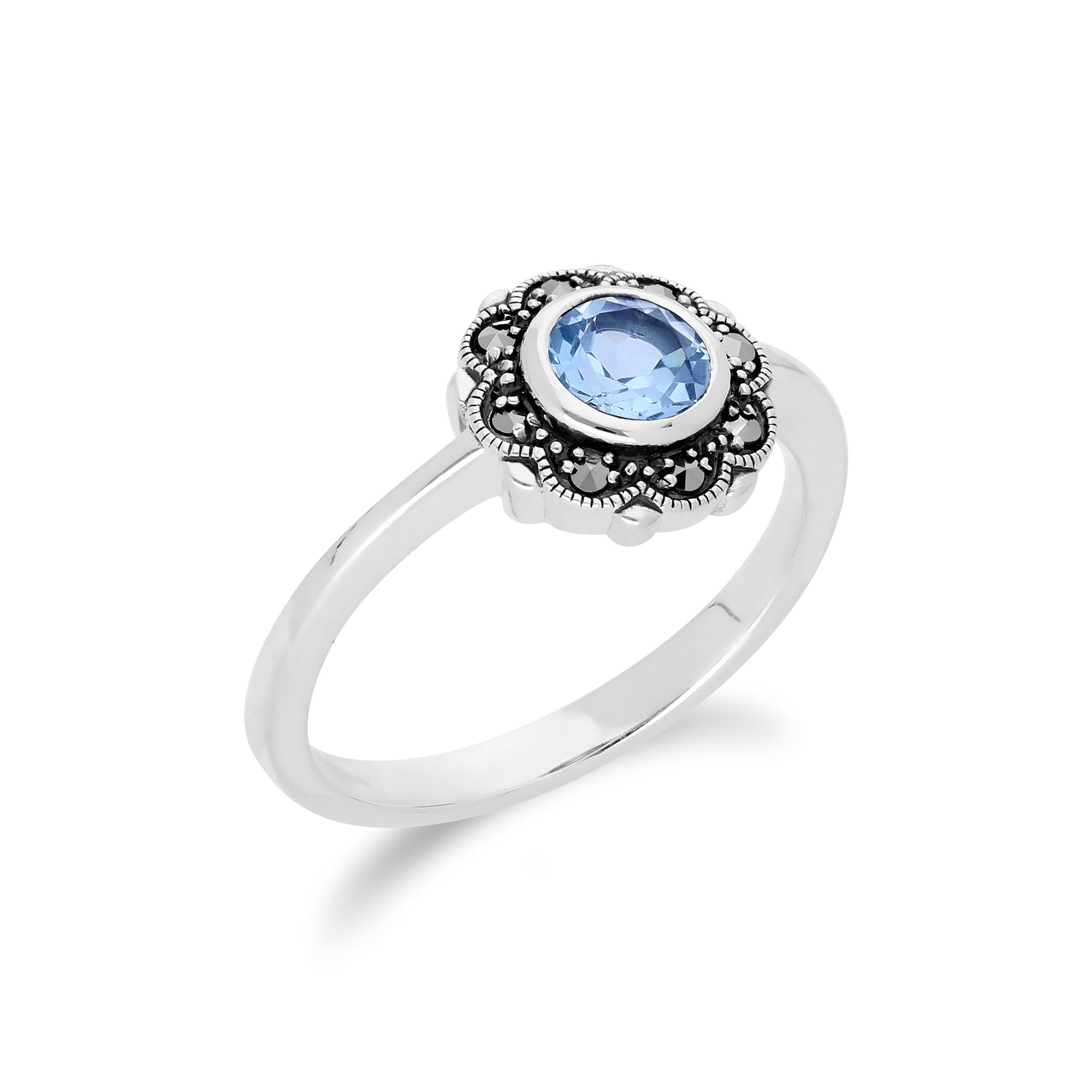 Floral Round Blue Topaz & Marcasite Halo Ring in 925 Sterling Silver