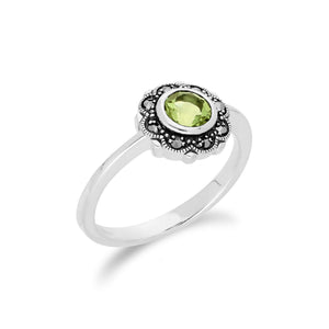 Floral Round Peridot & Marcasite Halo Ring in 925 Sterling Silver