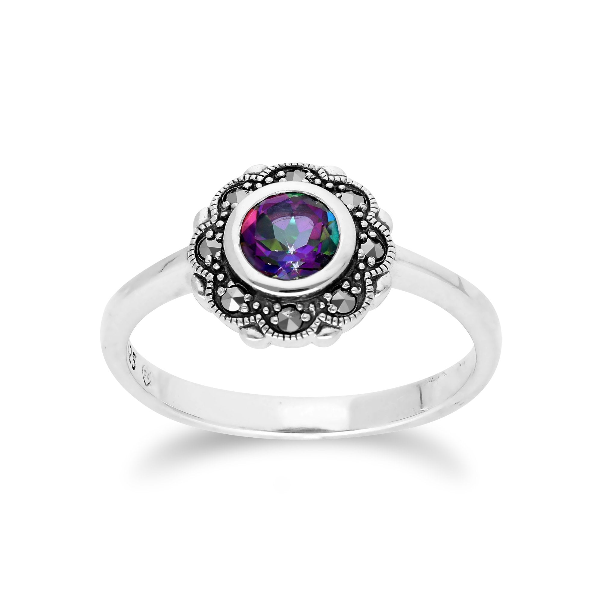 Floral Round Mystic Topaz & Marcasite Halo Ring in 925 Sterling Silver