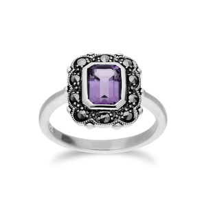 Art Nouveau Style Octagon Amethyst & Marcasite Border Ring in 925 Sterling Silver