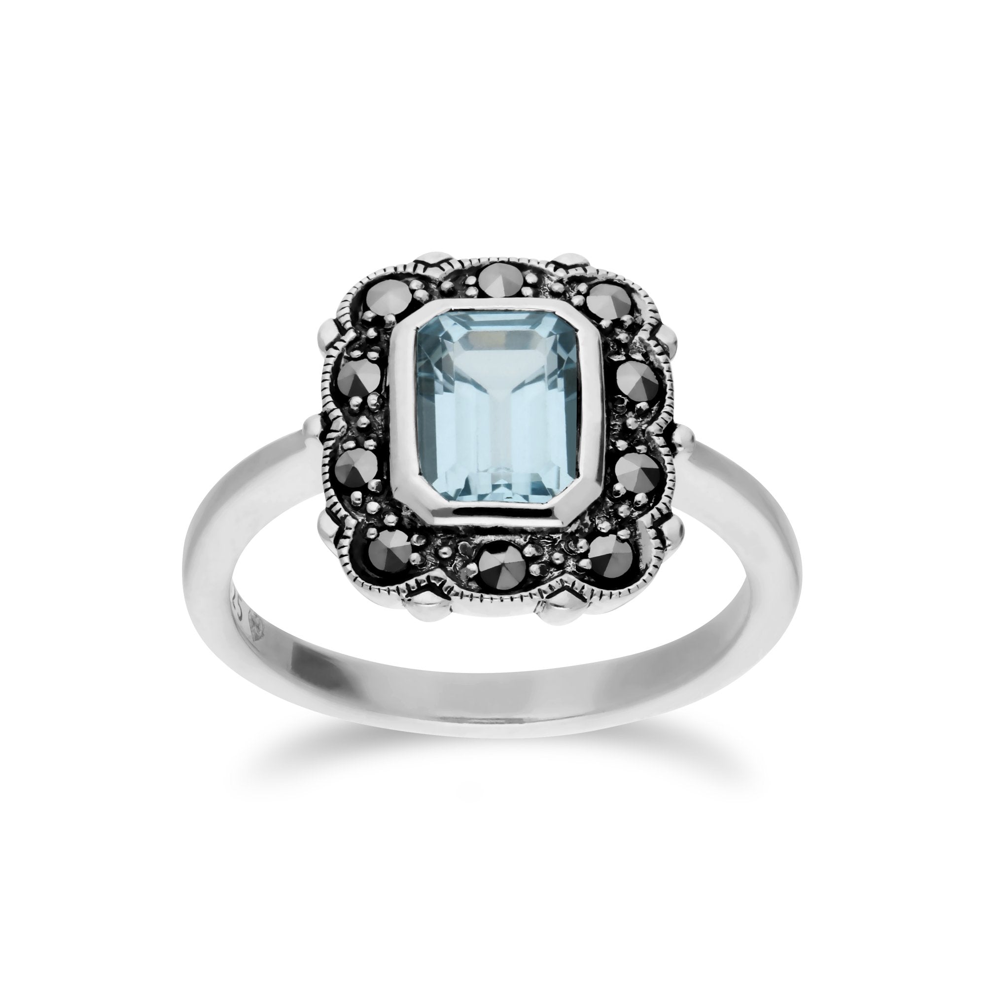 Art Nouveau Style Octagon Blue Topaz & Marcasite Border Ring in 925 Sterling Silver