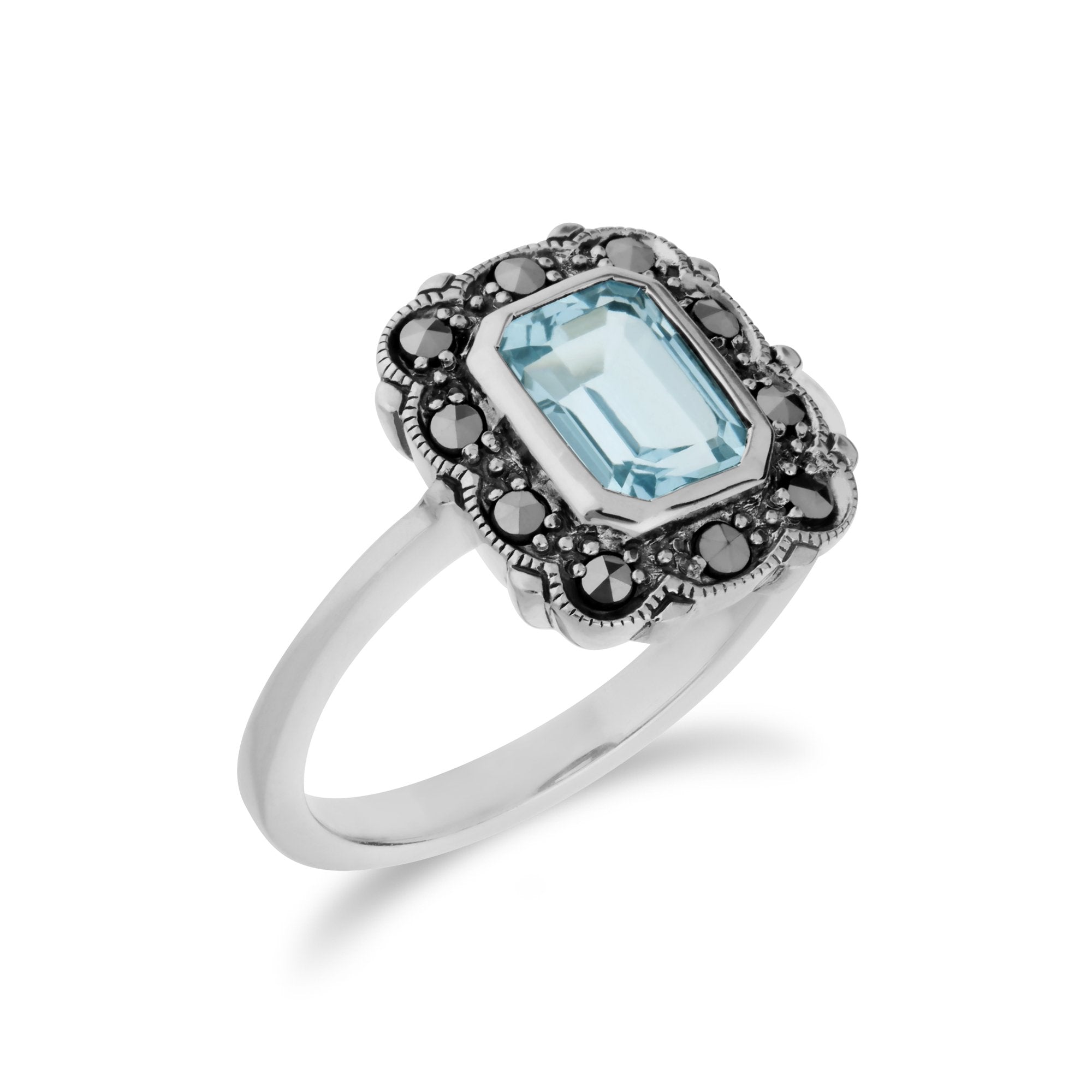 Art Nouveau Style Octagon Blue Topaz & Marcasite Border Ring in 925 Sterling Silver