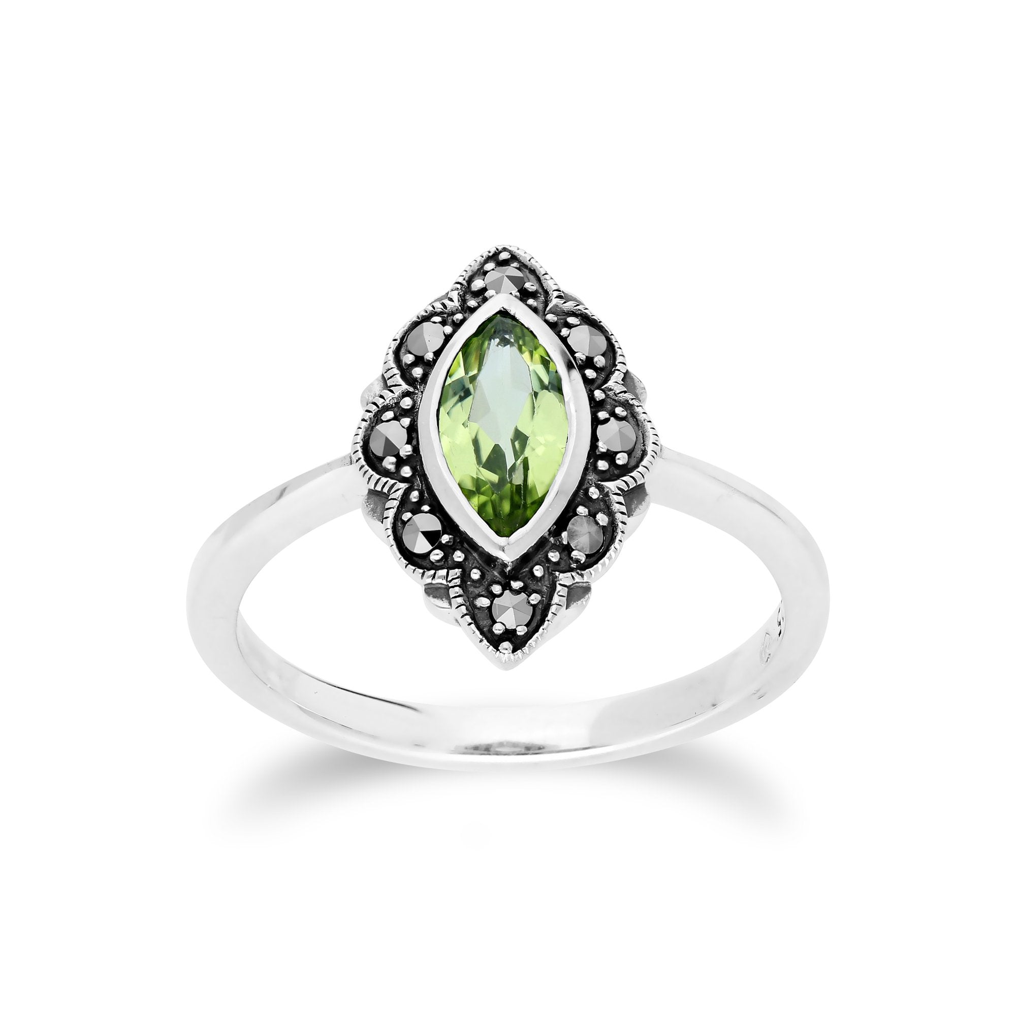 Art Nouveau  Marquise Peridot & Marcasite Leaf Ring in 925 Sterling Silver