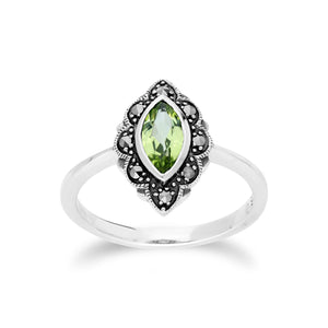 Art Nouveau  Marquise Peridot & Marcasite Leaf Ring in 925 Sterling Silver