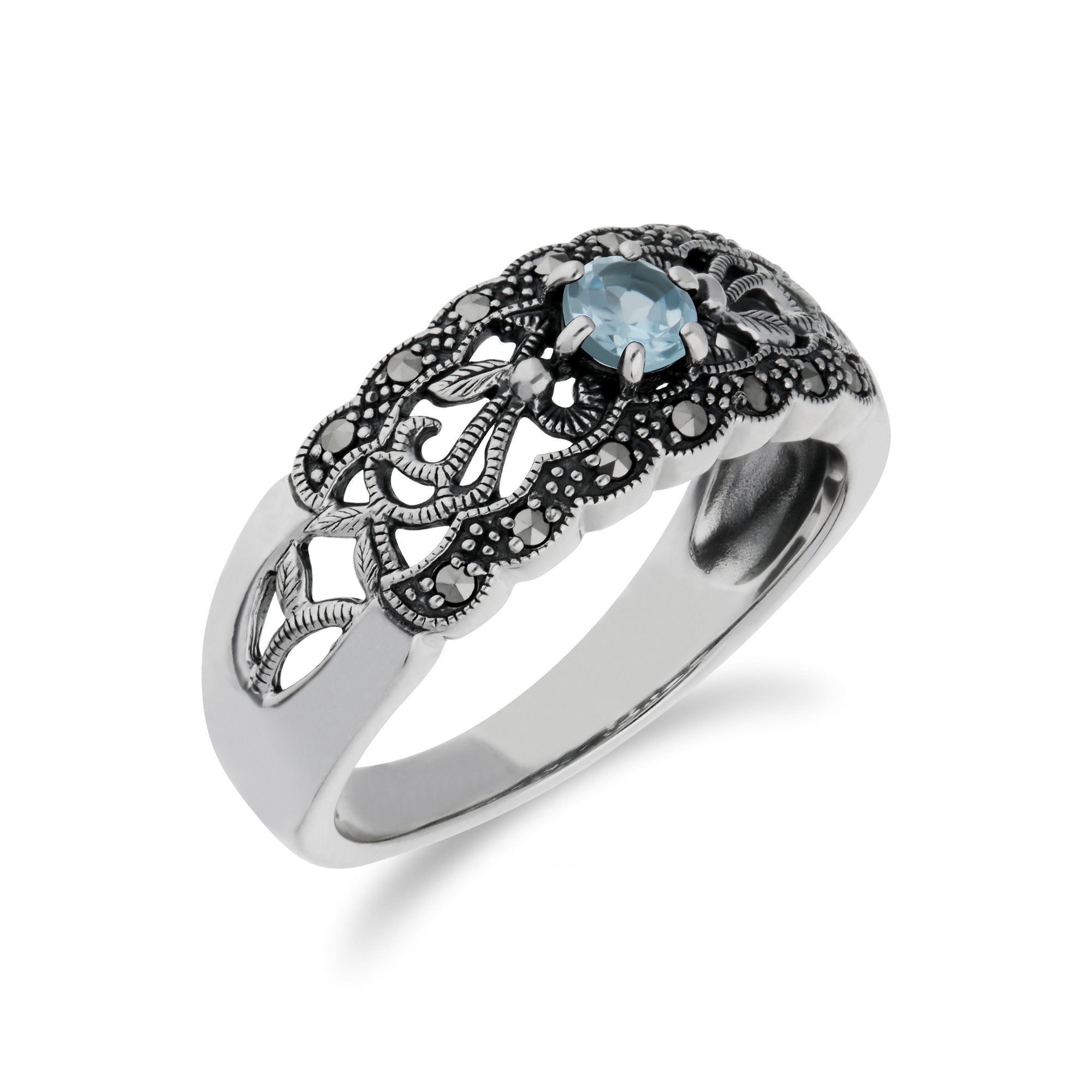 Art Nouveau Style Round Blue Topaz & Marcasite Floral Band Ring in Sterling Silver