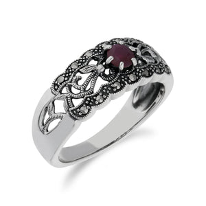Art Nouveau Style Round Ruby & Marcasite Floral Band Ring in 925 Sterling Silver