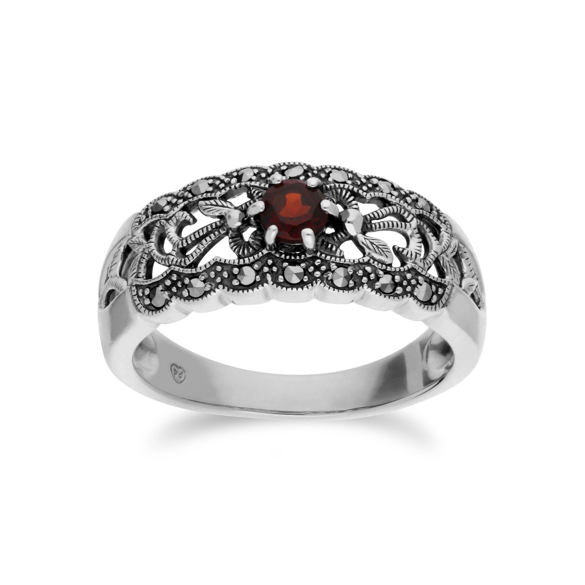Art Nouveau Style Round Garnet & Marcasite Floral Band Ring in 925 Sterling Silver