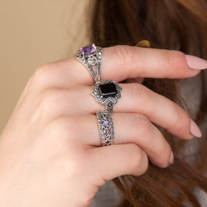 Art Nouveau Style Round Amethyst & Marcasite Floral Band Ring in 925 Sterling Silver