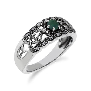 Art Nouveau Style Round Emerald & Marcasite Floral Band Ring in Sterling Silver